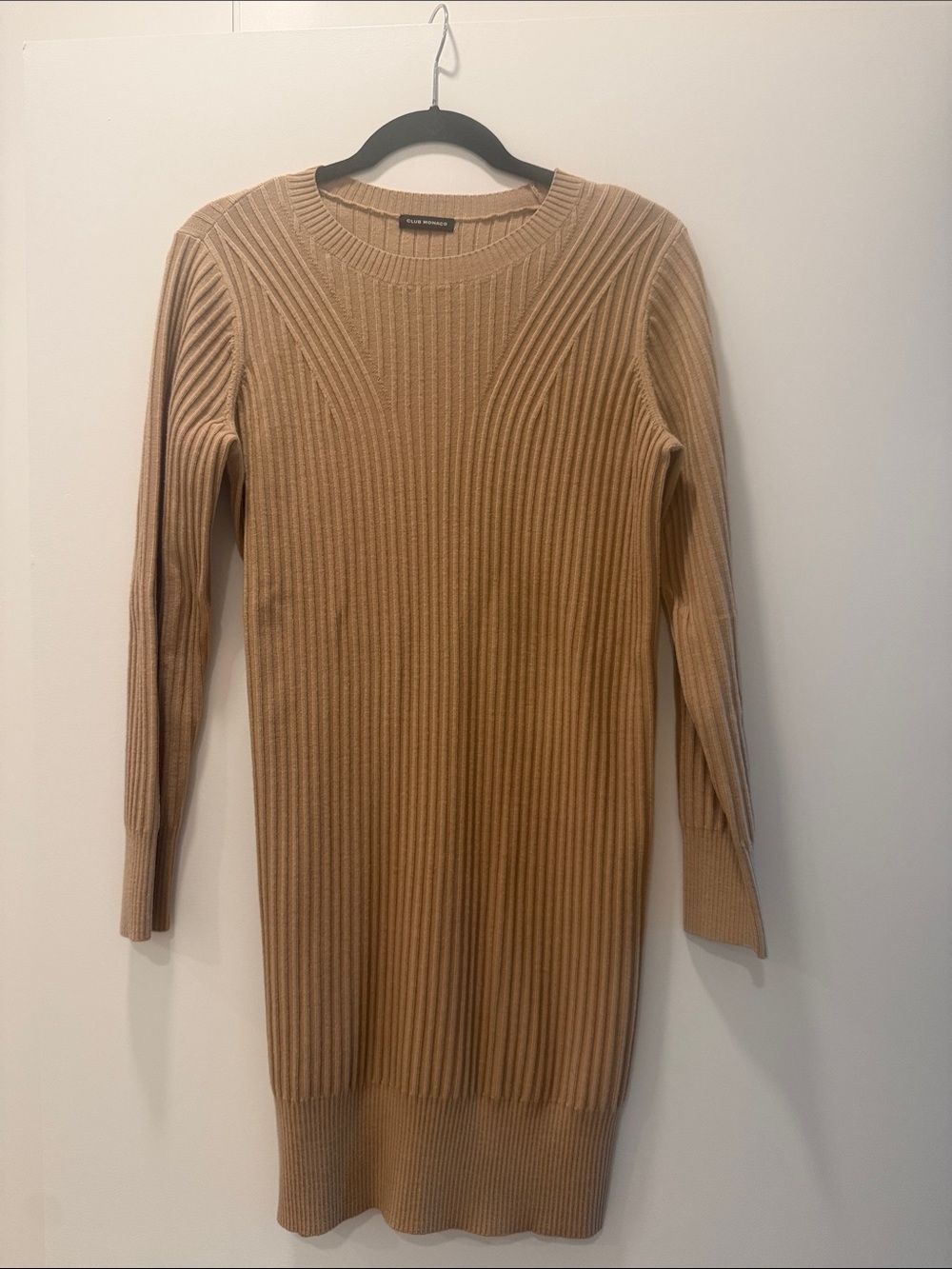 Club Monaco Camel Ribbed Long-Sleeve Knit Dress